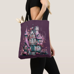 Bolso De Tela Casa embrujada rosa y gris espeluznante Halloween