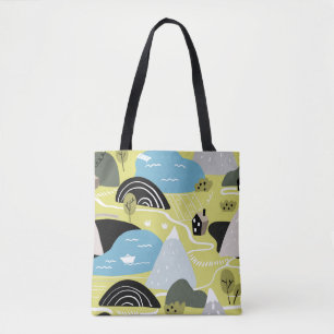 Bolso De Tela Casas escandinavas, árboles, patrones de montañas.