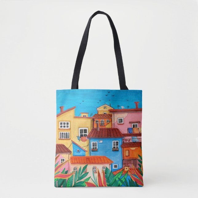 Bolso De Tela Casas italianas. Mano de Gouache (Anverso)