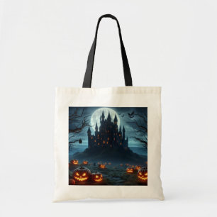 Bolso De Tela Castillo oscuro, medieval, murciélagos y calabazas