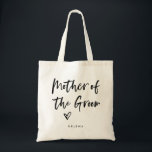 Bolso De Tela Casual Script | Moda Simple Madre del Groom<br><div class="desc">Esta elegante y moda bolsa de regalo de la fiesta de novias presenta una tipografía moderna e informal de escritura negra que dice "Madre del Groom",  y un moderno corazón garabateado,  con su nombre en negrita. El regalo de boda perfecto y elegante para toda tu fiesta de bodas.</div>