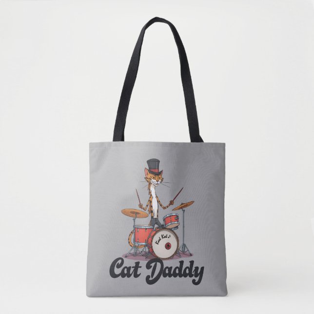 Bolso De Tela Cat Daddy Musician Drummer | Tabby Cats Art Lover (Anverso)
