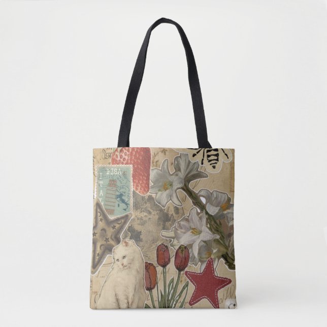 Bolso De Tela Cat Floral Collage Pattern – Cute Artistic Design (Anverso)