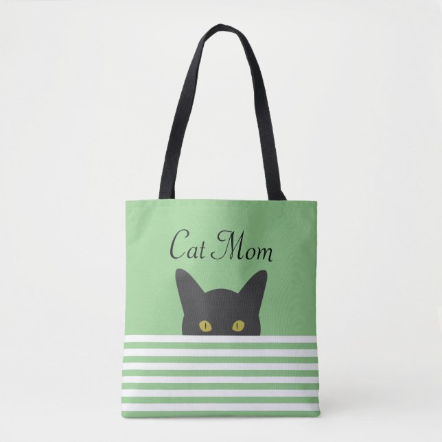 Bolso De Tela Cat Mom Peeking Black Cat Green Stripe Shoulder (Anverso)
