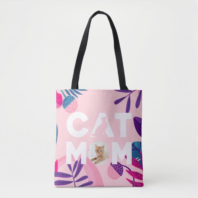 Bolso De Tela CAT MOM, tu foto, flores y hojas rosadas (Anverso)