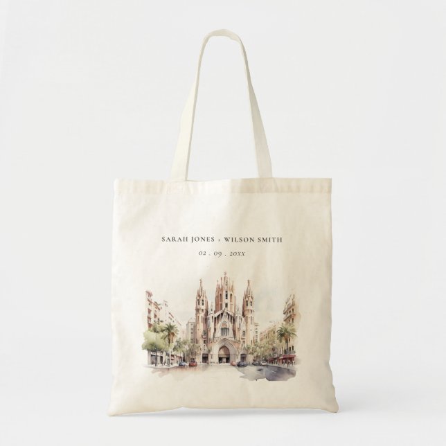 Bolso De Tela Catedral de Barcelona Boda de Acuarela de España (Frente)