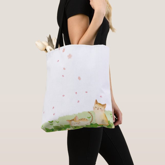 Bolso De Tela Cats divertidos cantando bajo flores de cerezo (Detalle)