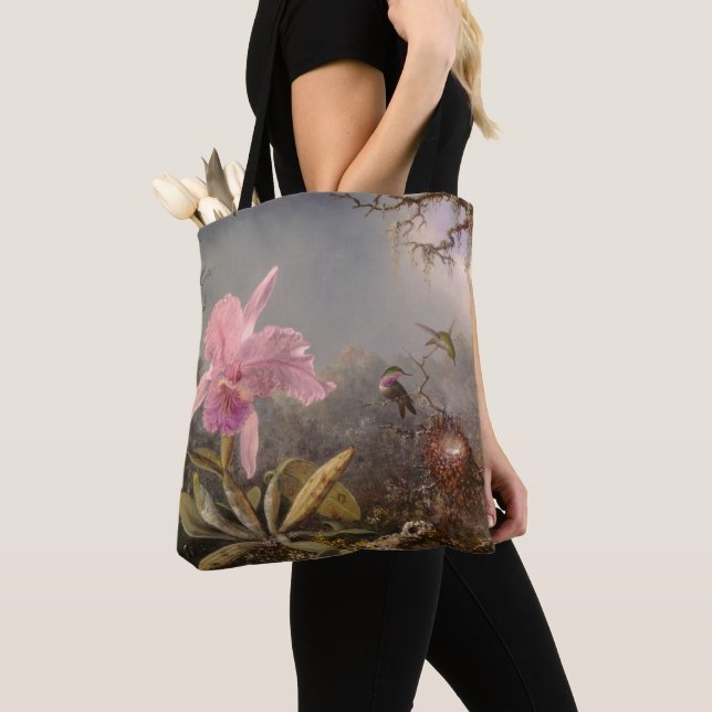 Bolso De Tela Cattleya Orchid y tres Hummingbirds