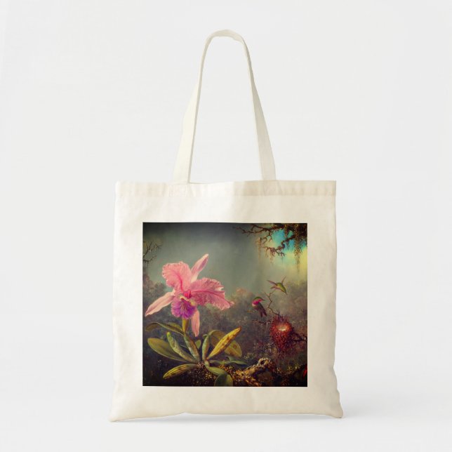 Bolso De Tela Cattleya Orchid y tres Hummingbirds Heade (Frente)