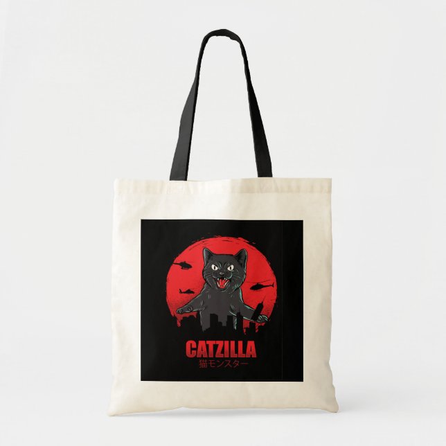 Bolso De Tela Catzilla Monster Cat destruye edificio de rascacie (Frente)