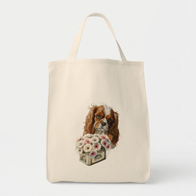 Bolso De Tela Cavalier King Charles Spaniel con flores (Frente)