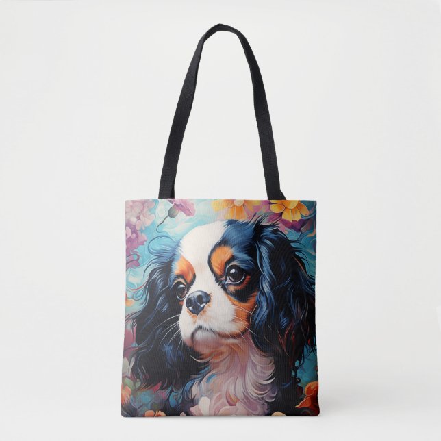 Bolso De Tela Cavalier King Charles Spaniel en flores (Anverso)