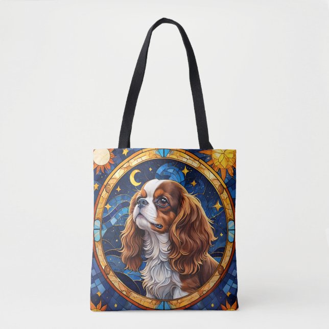 Bolso De Tela Cavalier King Charles StainGlass Night Sky Moon (Anverso)