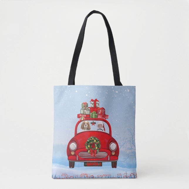 Bolso De Tela Cavalier King Dog En Coche Con Santa Claus (Anverso)