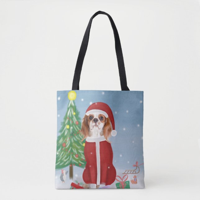 Bolso De Tela Cavalier King Dog en Nieve con regalos de Navidade (Anverso)