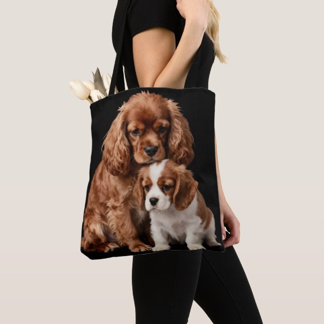 Bolso De Tela Cavalier Spaniel Rubí y su cachorro Blenheim (Detalle)