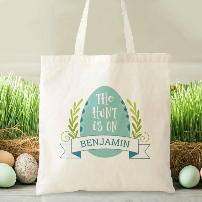 Bolso De Tela Caza de huevos de pascua para niños pequeños (A cute blue Easter Egg hunt tote bag. Personlize it with your name.)