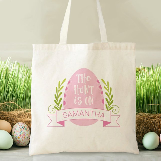 Bolso De Tela Caza de huevos rosa de Semana Santa (A cute easter egg humt tote bag. Personalize it with your name.)
