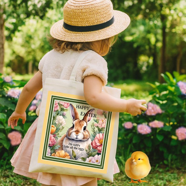 Bolso De Tela Caza divertida de huevos para conejitos en Pascua (A funny tote bag featuring a fat bunny embraced by flowers. Beautiful for an Easter egg hunt.)
