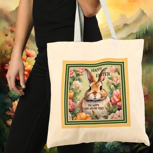 Bolso De Tela Caza divertida de huevos para conejitos en Pascua (A funny tote bag featuring a fat bunny embraced by flowers. Beautiful for an Easter egg hunt.)