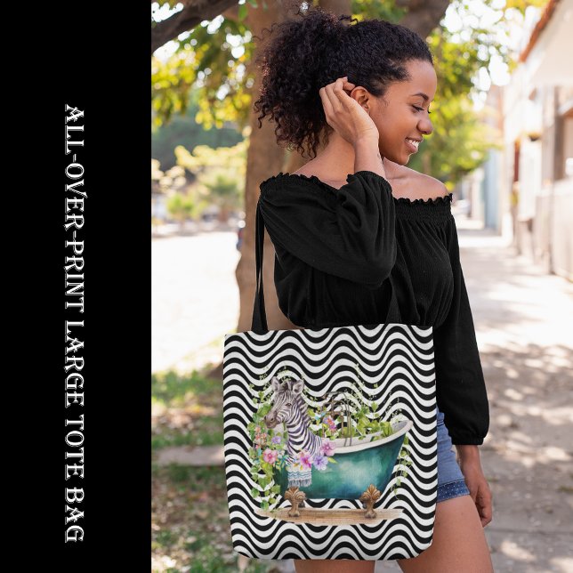 Bolso De Tela Cebra en túb franjas onduladas negras psicodélicas (Zebra in Tub Black White Wavy Stripes Psychedelic Tote Bag, large bag, all-over-print bag, shopping)
