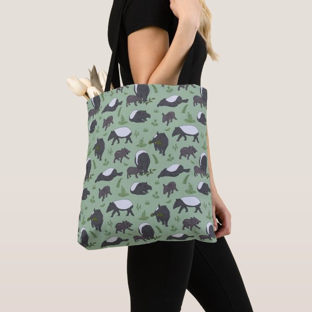 Bolso De Tela Cena de la familia Tapir en verde (Detalle)