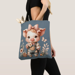 Bolso De Tela Cerdito Caprichoso en Mono Azul Pastel