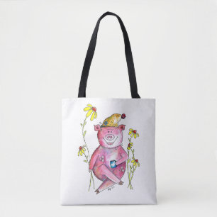 Bolso De Tela Cerdo Caprichoso y Lindo Bebiendo Café