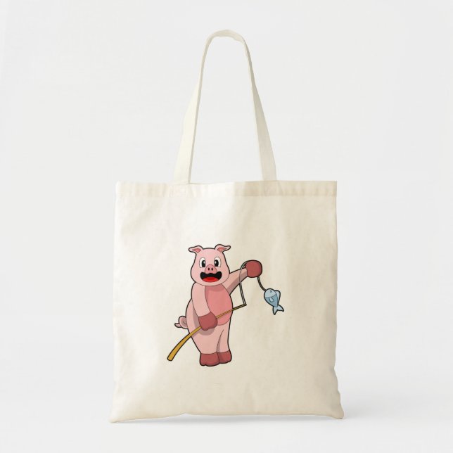 Bolso De Tela Cerdo en pesca con caña y pescado (Frente)