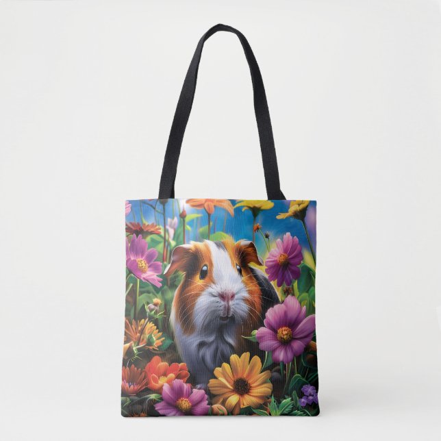 Bolso De Tela Cerdo guineano entre flores vibrantes (Anverso)