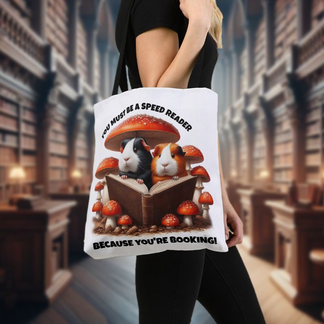 Bolso De Tela Cerdos de Guinea divertidos leyendo bajo hongos ro (Guinea Pigs Reading Under Red Mushrooms All-Over-Print Tote Cover Photo)