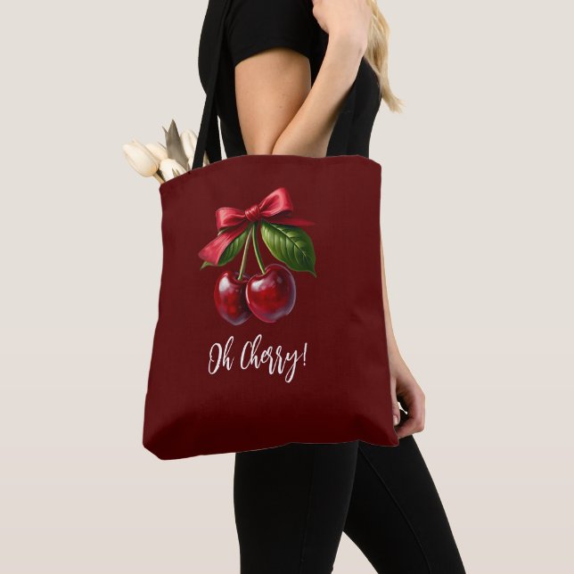 Bolso De Tela Cerezas con una cereza roja de cerezo (Detalle)