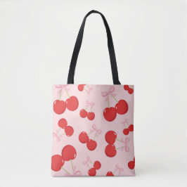 Bolso De Tela Cerezas Rojas con Lazo Rosa Coquette Estilo Cottag