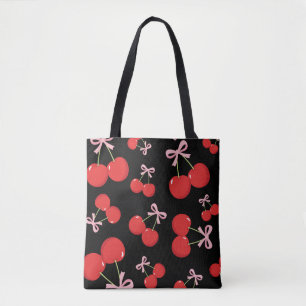 Bolso De Tela Cerezas Rojas con Lazo Rosa Coquette Estilo Cottag