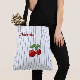 Bolso De Tela Cerezas rojas en franjas azules personalizadas