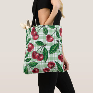 Bolso De Tela Cerezas rojas en gingham verde claro