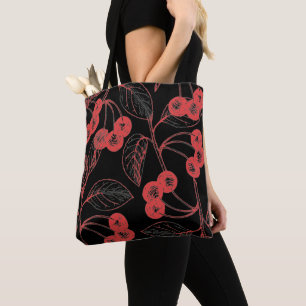 Bolso De Tela Cerezas y Hojas Rojas sobre Negro