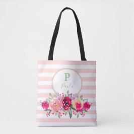 Bolso De Tela Cerise Watercolor Floral Monograma en franjas rosa