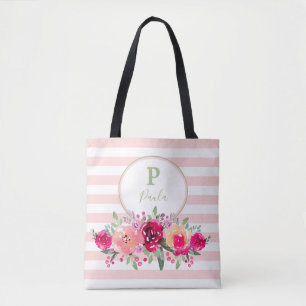 Bolso De Tela Cerise Watercolor Floral Monograma en franjas rosa
