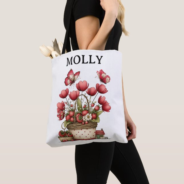 Bolso De Tela Cesta de flores de fresa con mariposas y nombre (Detalle)