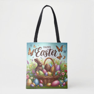 Bolso De Tela Cesta de Pascua colorida y feliz con huevos