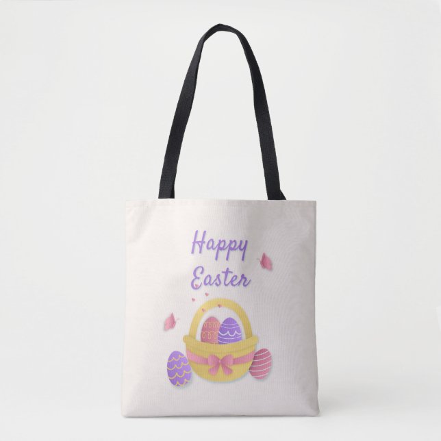 Bolso De Tela Cesta feliz de Pascua y mariposas (Anverso)
