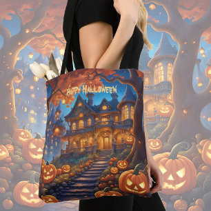 Bolso De Tela Chalet fantasmal en el bosque, calabazas, Hallowee