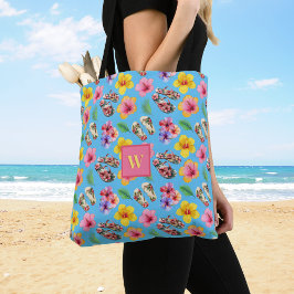 Bolso De Tela Chancletas Tropicales Hibuscus Follaje Rosa Monogr