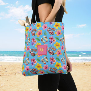 Bolso De Tela Chancletas Tropicales Hibuscus Follaje Rosa Monogr