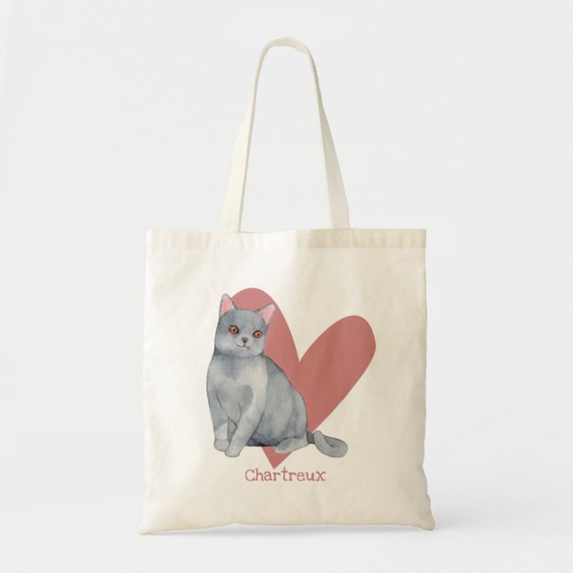 Bolso De Tela Chartreux Cat Watercolor Kitty Pink Heart (Frente)