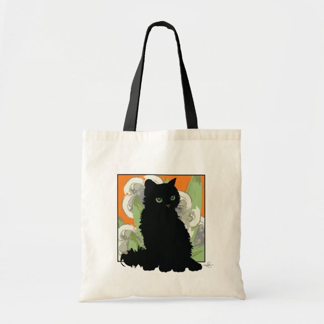 Bolso De Tela Chat Noir et Fleurs Blanches de Printemps (Frente)