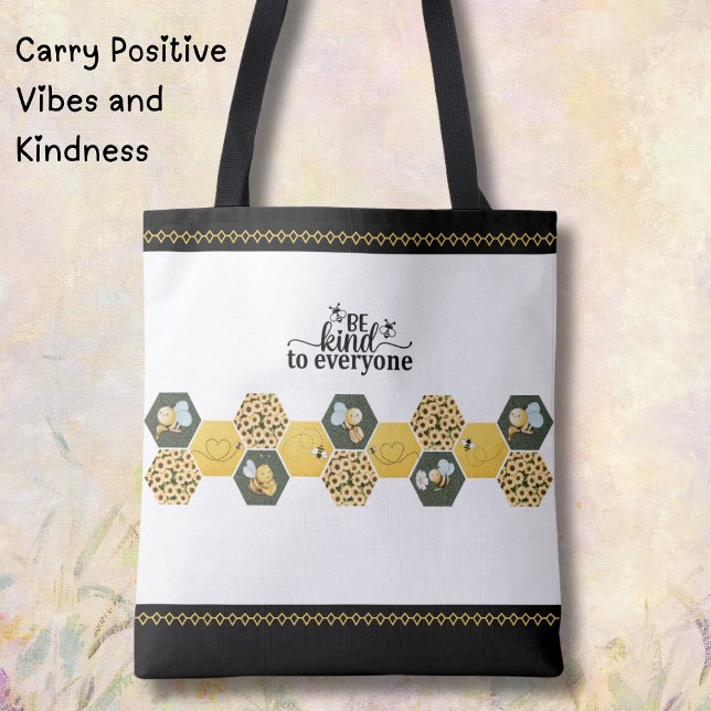 Bolso De Tela Cheerful Bumblebee "Be Kind" Sunflower Market Tote (This Bumble Bee Bag is perfect for those who love modern cottagecore and spreading positivity)