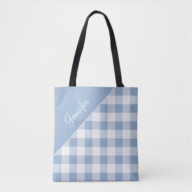 Bolso De Tela Cheque azul moderno personalizado Gingham (Anverso)