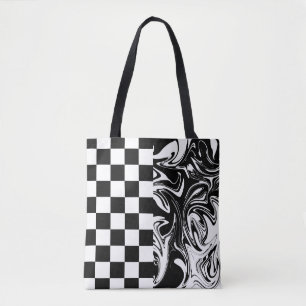Bolso De Tela Cheques y Swirls - Blanco y negro